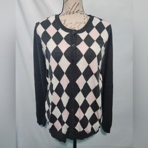 Croft & Barrow Dark Grey W White & Pink Argyle Pattern Cardigan. Size Large.
